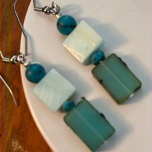 Glass & Shell Earrings In Aqua.